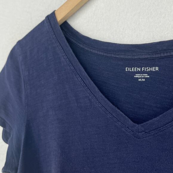 EILEEN FISHER Top M Slub Organic Cotton Jersey V-Neck Short Sleeve Blue - Picture 6 of 11